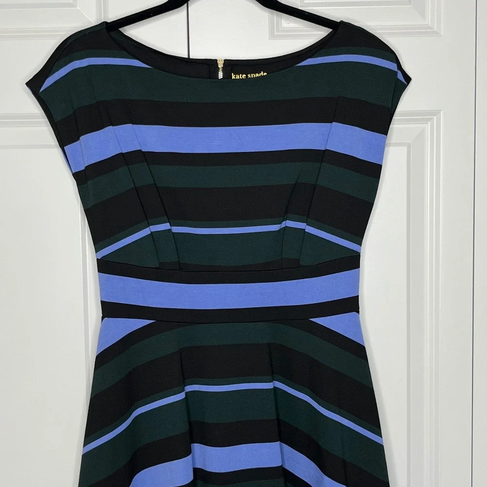 Kate Spade Striped Fit Flare Dress Small Blue Green Black Boat Neck Pockets
